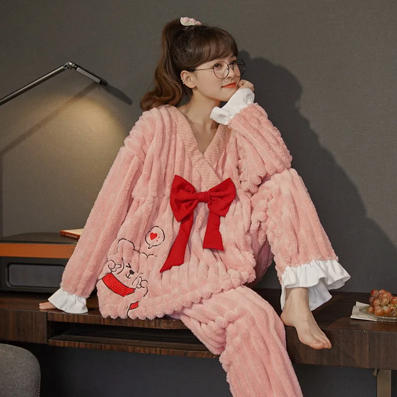 

Japan kimono Pijamas Set Winter Women Warm Homewear Japan Kawaii Sleepwear 2 Pieces Set Flannel Pyjamas Sleep Tops Pant Dropship