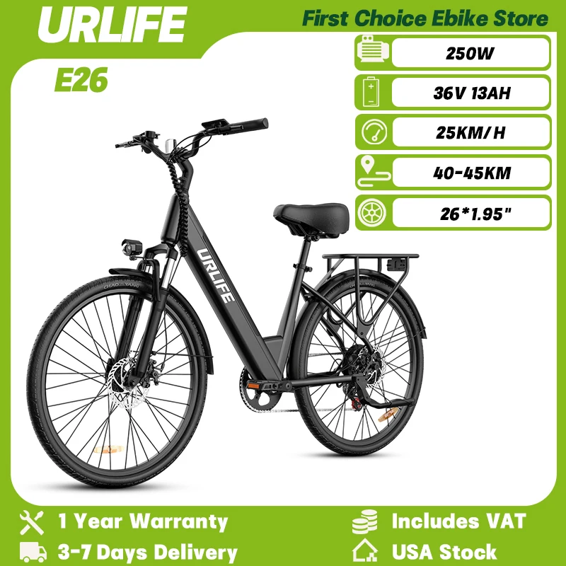 

URLIFE E26 Взрослый электровелосипед 250 Вт, двигатель 36 В, 13 Ач, аккумулятор, городской электрический велосипед 26*1,95 дюйма, шины для подростков, электрический велосипед для путешествий