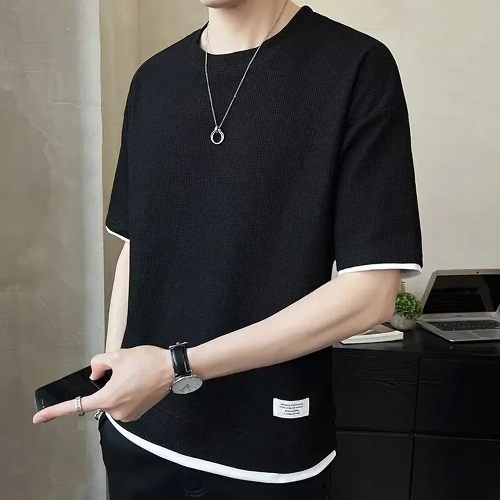 

Casual Summer Outfits 4XL 5XL Mens Summer T-Shirts Loose Fit Fake 2PCS Shirts O Neck Design Regular Length Top