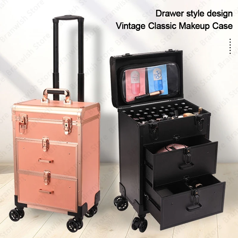 Beauty Professional Rolling Makeup Case With Aluminum Alloy Frame Train Case For Nail Manicure Makeup Organizer Makeup Carrier