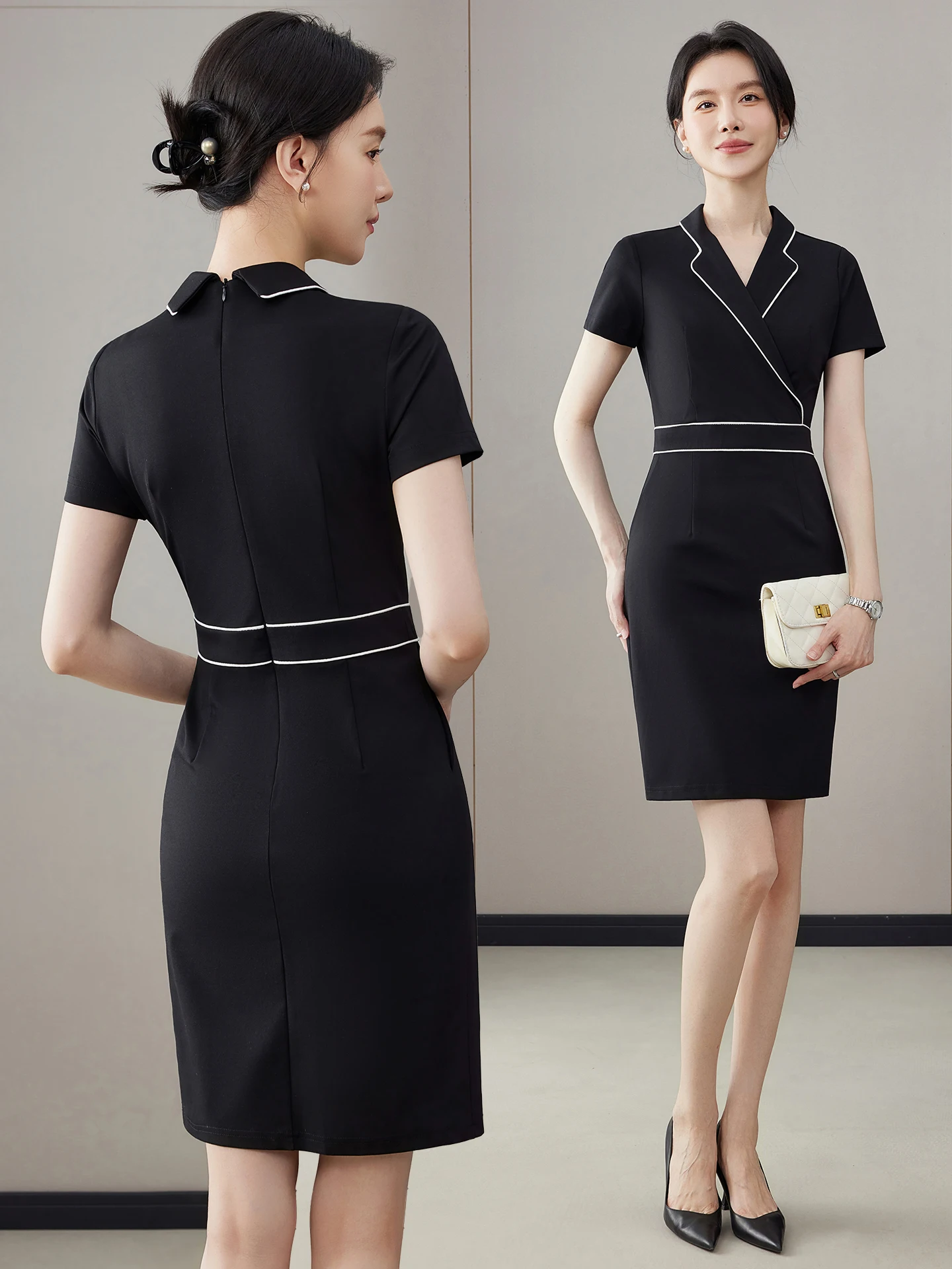 Black Short Sleeve Dress Waist-Cinching Beauty Salon Work Uniform Commute Elegant Professional Skirt H-Shape Stylish Business...
