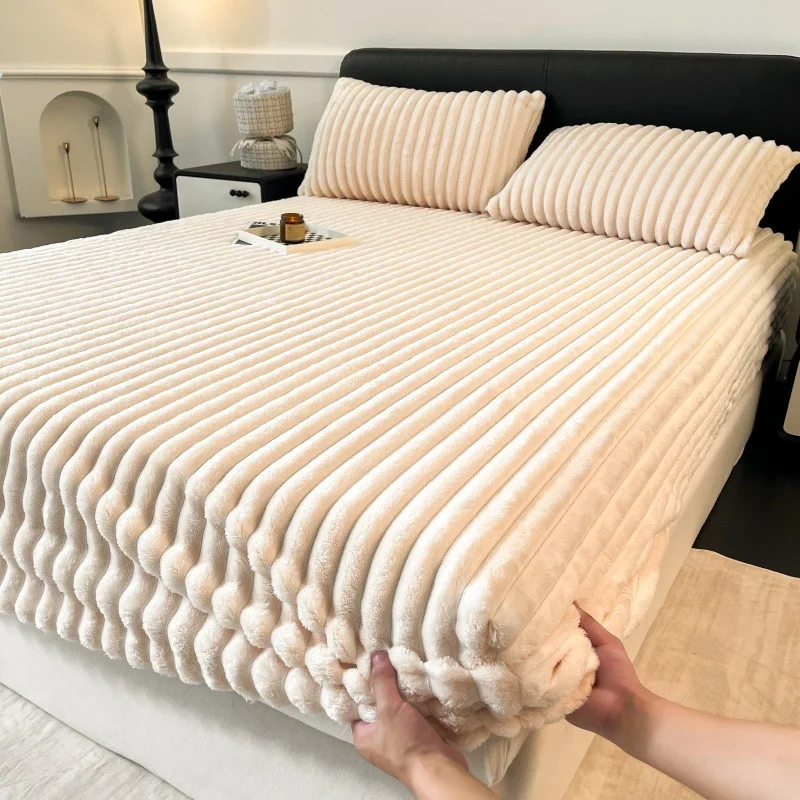 Solid Faux Rabbit Velvet Fitted Bed Sheet High-Quality Thickened Warm Winter Bed Cover Skin-Friendly Mattress Topper for Single