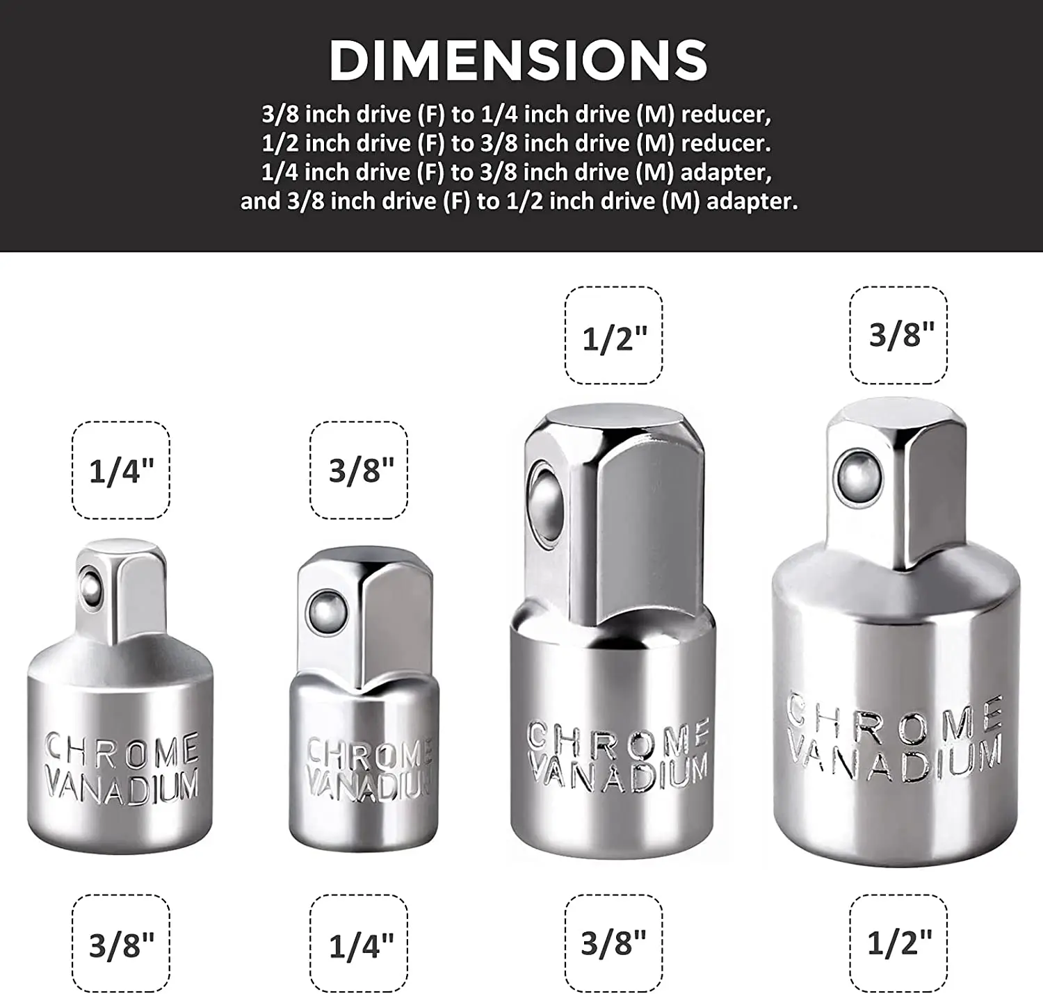 Socket Adapter Extension Set  Chrome Vanadium Steel Socket Adapter 1/4