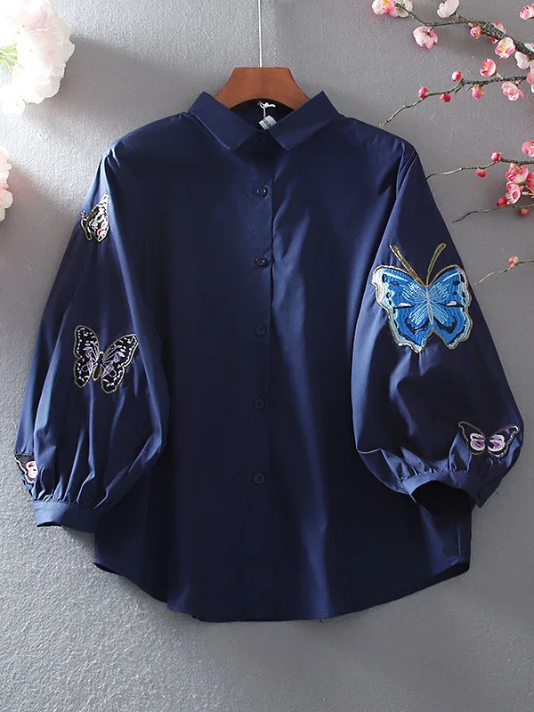 

Повседневный женский топ из чистого хлопка с вышивкой, фонарь Све irt, универсальный свободный крой, весенняя мода, корейская деталь на пуговицах