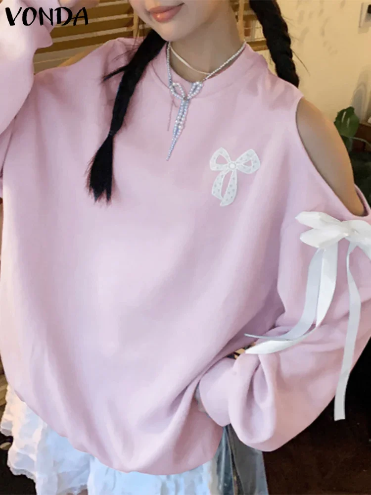 Autumn Blusas Casual Loose Top Plus Size Women Blouses 2025 Fashion Long Sleeve Bow Tops Off The Shoulder Solid Color Tunic image 2