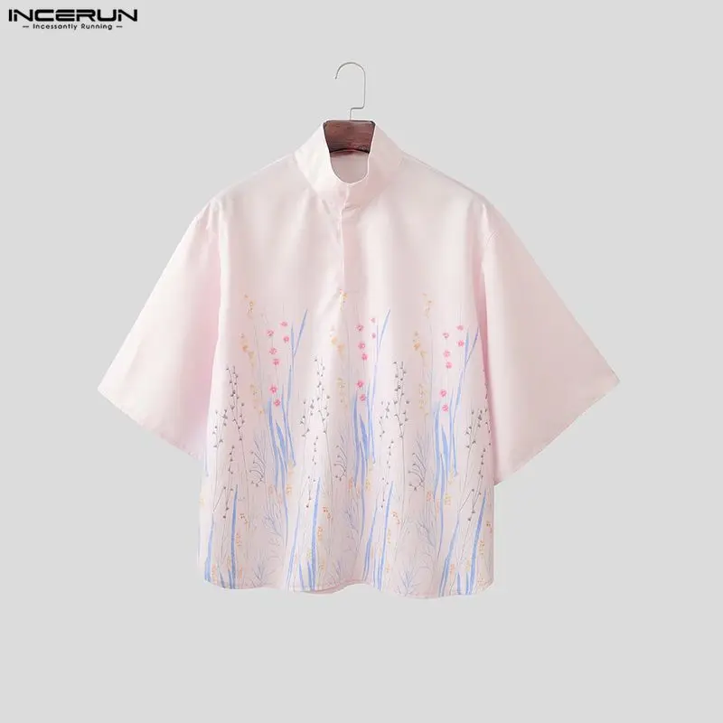 

INCERUN Men Shirt Printing Stand Collar Half Sleeve Loose Men Clothes Summer Streetwear 2026 Fashion Casual Tops For Man Shirts