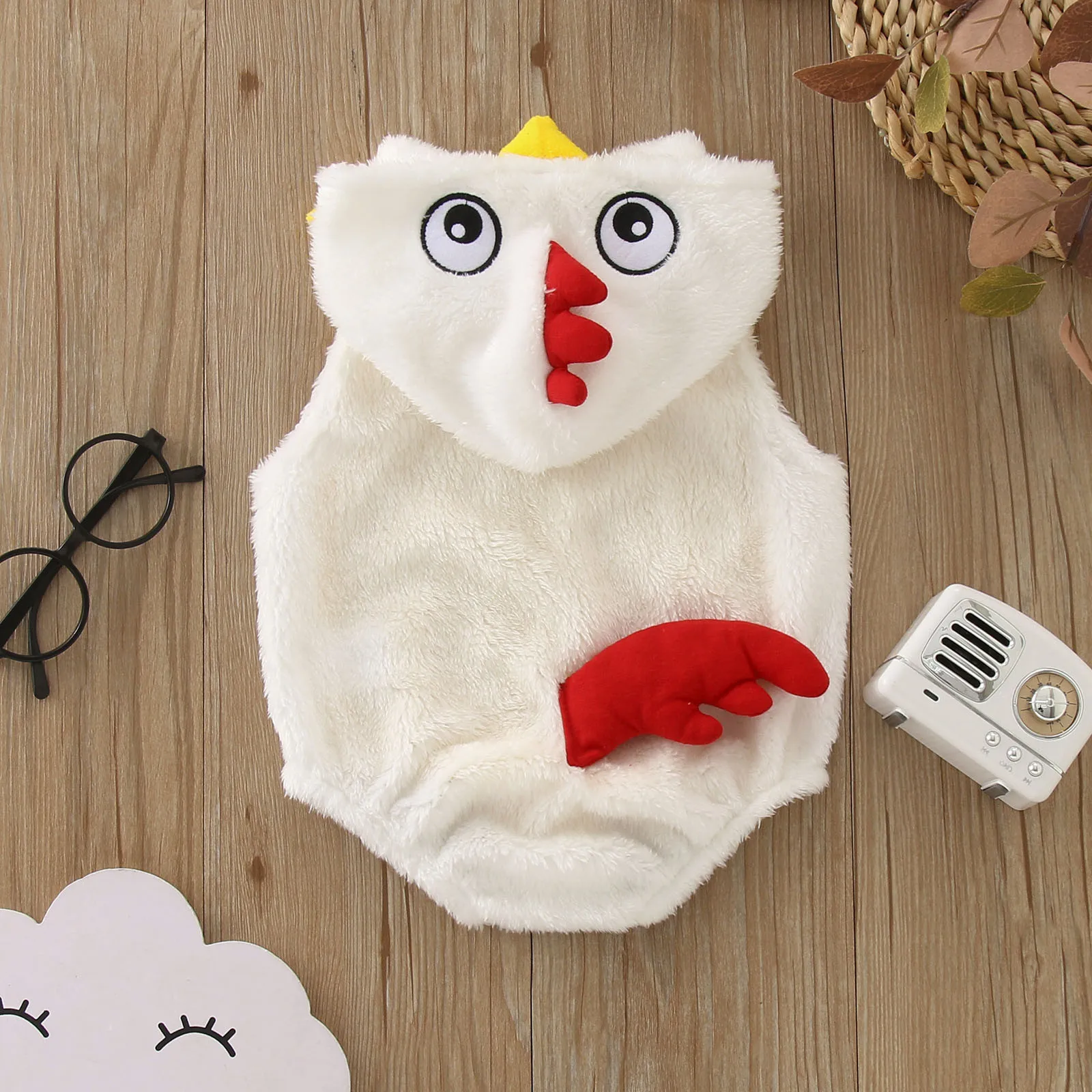 Infant Boys Girls Cosplay Chicken Animal Costume Winter Fleece Hooded Romper Bodysuits Clothes for Halloween Carnival Costume