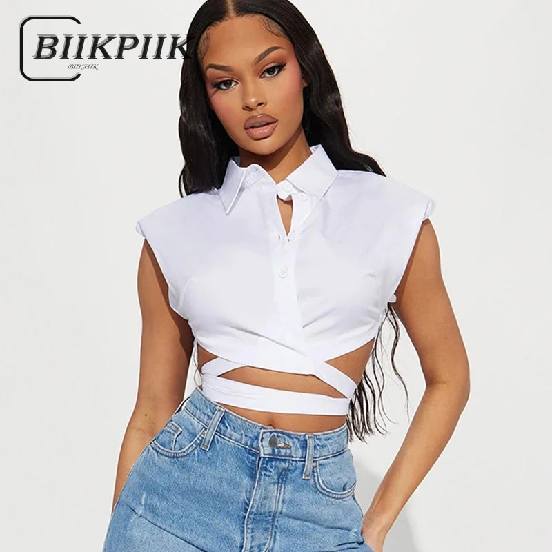 BIIKPIIK Sleeveless Bandage Women Blouses Polo-neck Casual T-shirt All-match Club White Crop Tops Summer Party Tees Sexy Outfits