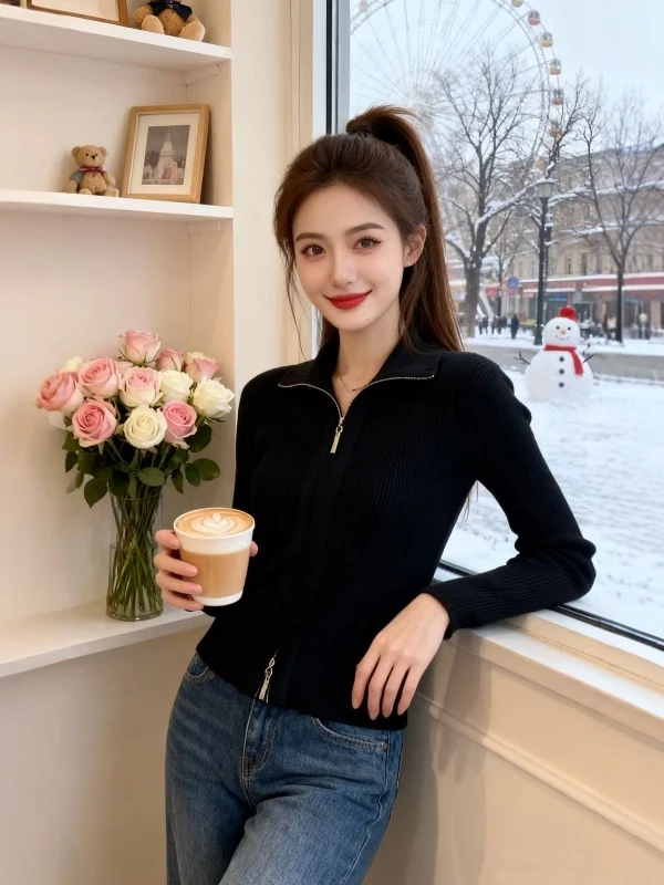 

Модный женский трикотажный топ с длинным рукавом, воротником и двойной молнией, больших размеров, для похудения, весенняя коллекция, красивый, стильный.