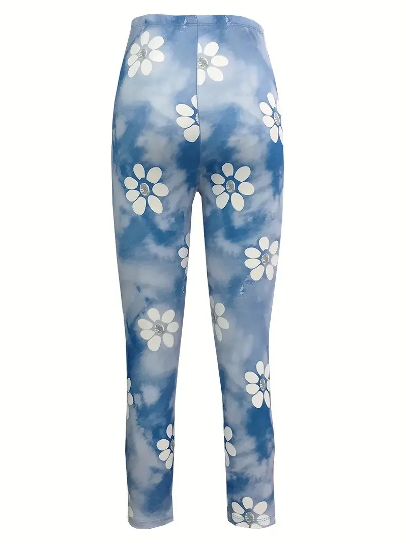 Floral  print stretch slim elastic waist tight casual leggings capri pants women