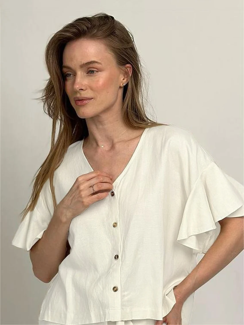Marthaqiqi Casual Ladies Sleepwear Set Sexy V-Neck Pajamas Crop Top Nightie Short Sleeve Nightgowns Pants Cotton Nightwear Suit
