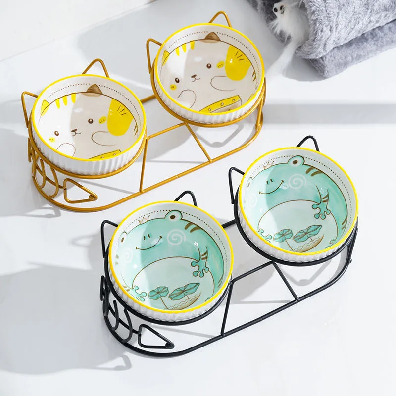 

Милая миска для животных с мультяшным котом, керамическая миска с железным каркасом, двойные миски для собак и кошек, универсальные, высококачественные, нескользящие миски, кормушка для животных