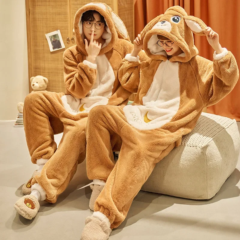 Winter couple pajamas jumpsuits women men coral fleece sleepwear onesie cartoon rabbit Korean warm thicken pyjamas lover pigiama