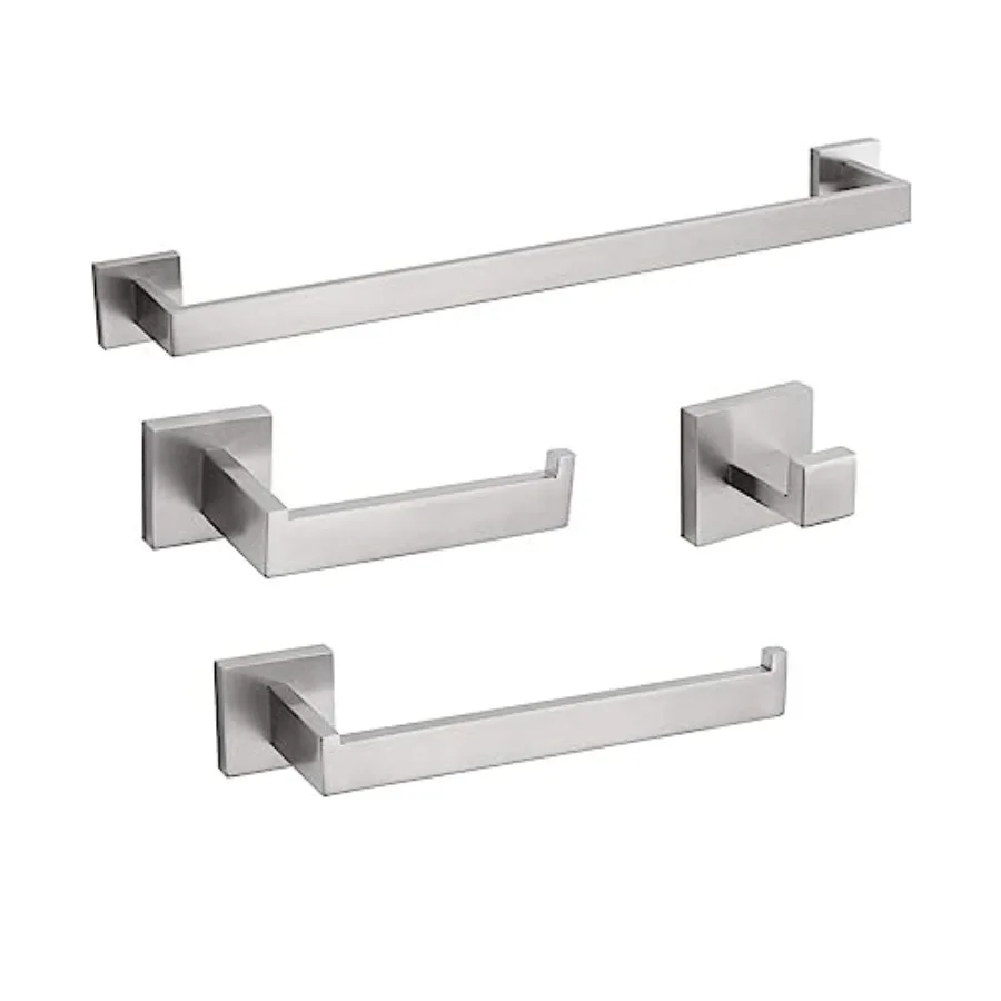 

4-Piece Bathroom Hardware Set, Towel Rack Towel Bar Towel Holder Toilet Paper Holder Towel Hooks Modern Square Premium Stainles