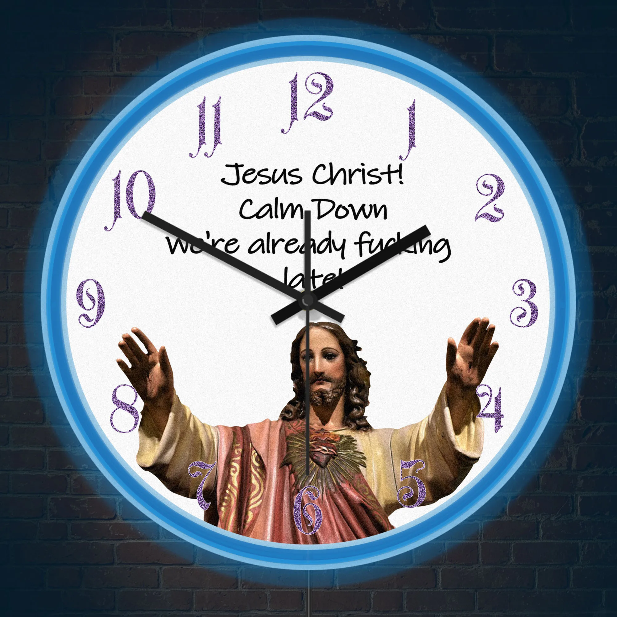 Funny Jesus Quote Silent Non Ticking Wall Clock With Built In LED Neon Rim Novelty Religious Faith Saying Illuminated Wall Clock