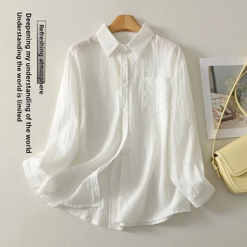 

Loose Fit Korean Style Linen Silk Lightweight Long Sleeve Shirt Summer Casual Top Women's Fashionable Airy Outerwear