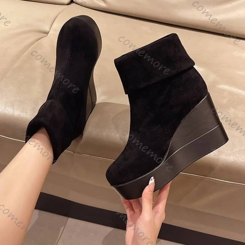Comemore Thick Bottom Ankle Boots Women Black Apricot Autumn Winter 9cm Super High Heel Shoes for Women Wedge Platform Botines