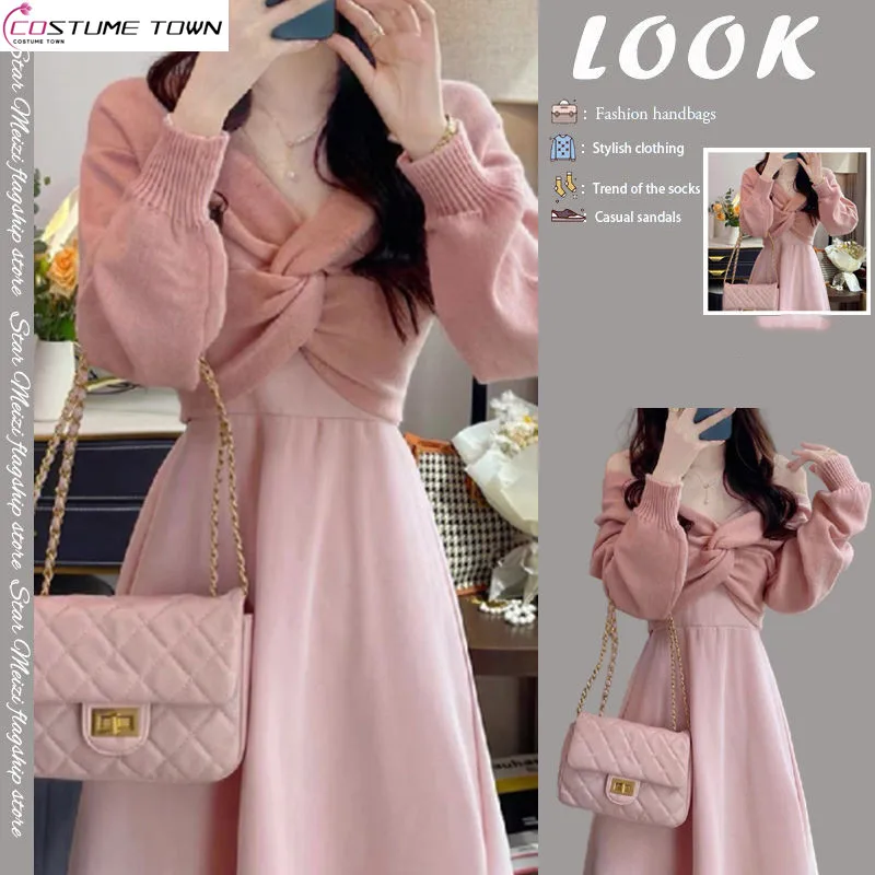 2023 New Spring/Summer Wear Stylish and Elegant Style Celebrity Gentle Knitted Sweater Sling Dress Two Piece Set for Women