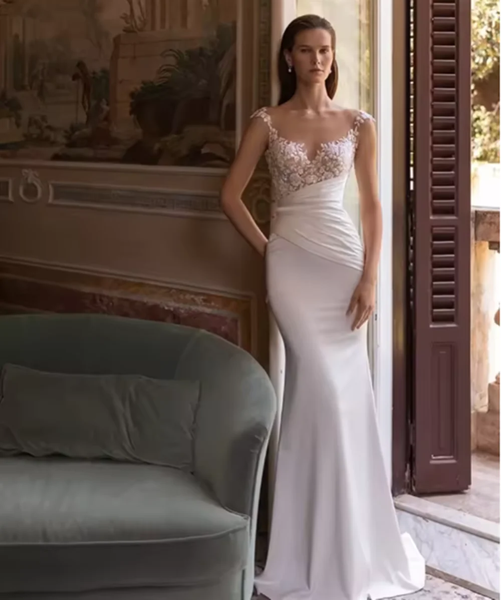 エレガントなサテンのウェディングドレスマーメイドスクープドレープ取り外し可能なトレイン花嫁ウエディングドレスレースアップリケブライダルドレスカスタマイズ