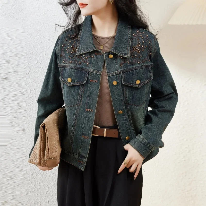 

Осеннее женское повседневное свободное джинсовое пальто с вышивкой, женские джинсы с длинными рукавами, топы, верхняя одежда, корейская женская модная ковбойская короткая куртка
