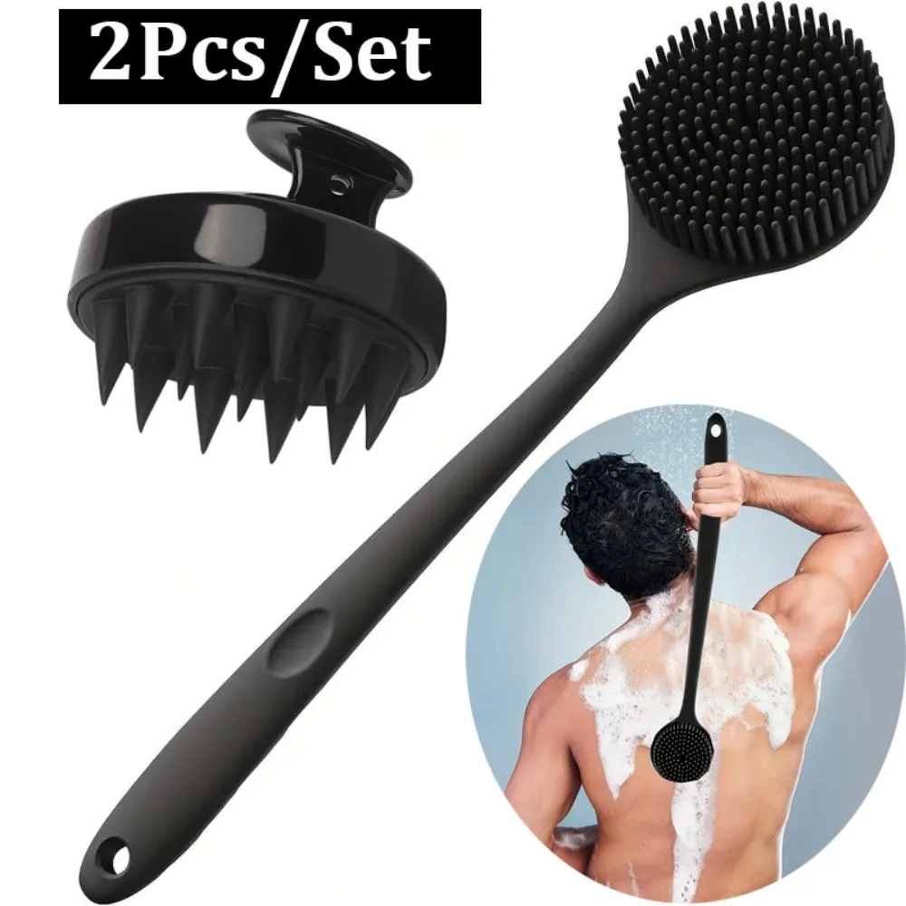 

2Pcs Bath Brush Set Soft Silicone Bath Brush Body Scrubber Brush Handle Exfoliating Back Scrub Skin Massager Body Care Bath