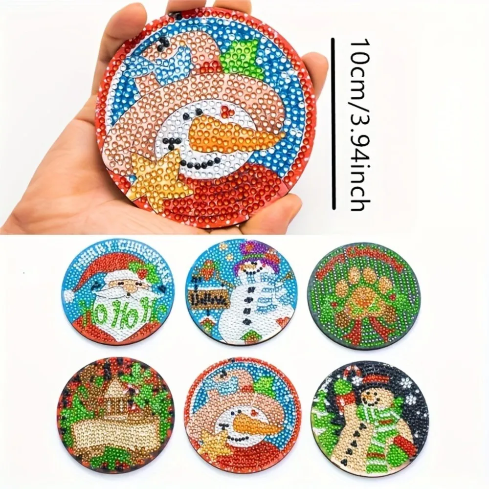 

Hot Selling 6 Pieces Christmas Snowman Handmade DIY Round Wooden Point Drill Insulated Anti Slip Coaster with Stand
