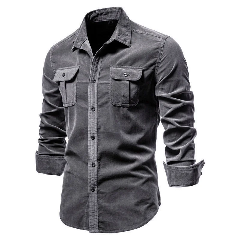 #4602 Corduroy Shirts Mens Long Sleeve Slim Fit Solid Color Business Men's Shirt Office Turn-down Collar Retro Mens Dress Shirts