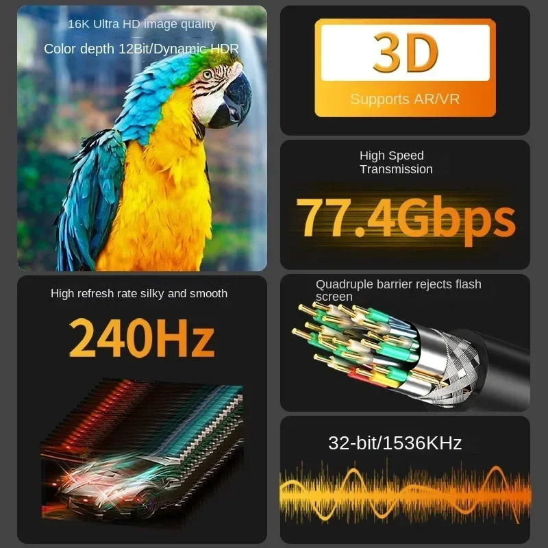 2.1 Cable 16K DP Cable 8K 120Hz 4K 240Hz Ultra HD Video Audio Cable for Laptop TV Xbox Projector Monitor