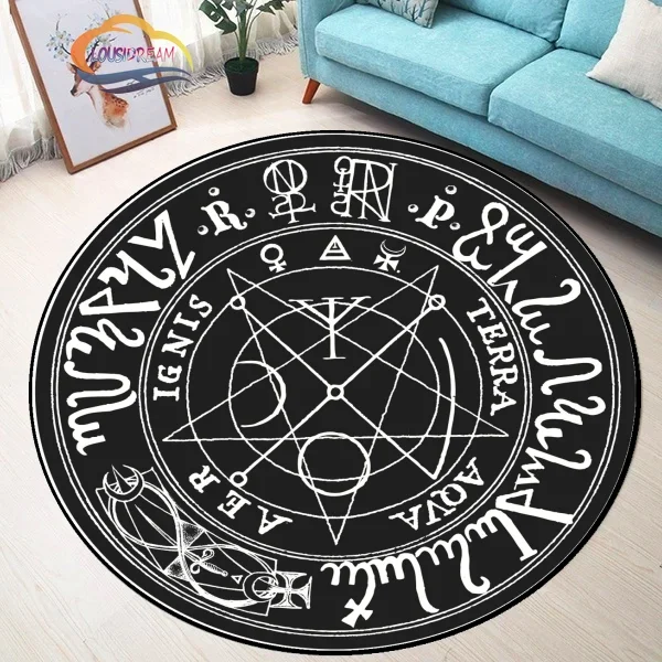 Pentagram sol modelado tapete redondo, tapete de armadilha do diabo de Satanás, branco no preto, runa sobrenatural