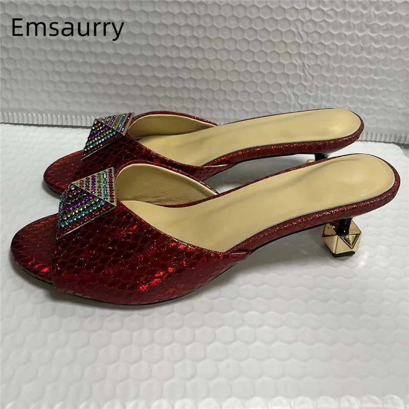 Crystal Embellishment Rivet Buckle Sandals Women Quality Genuine Leather 6cm Strange Heel Slingbacks Summer Mules