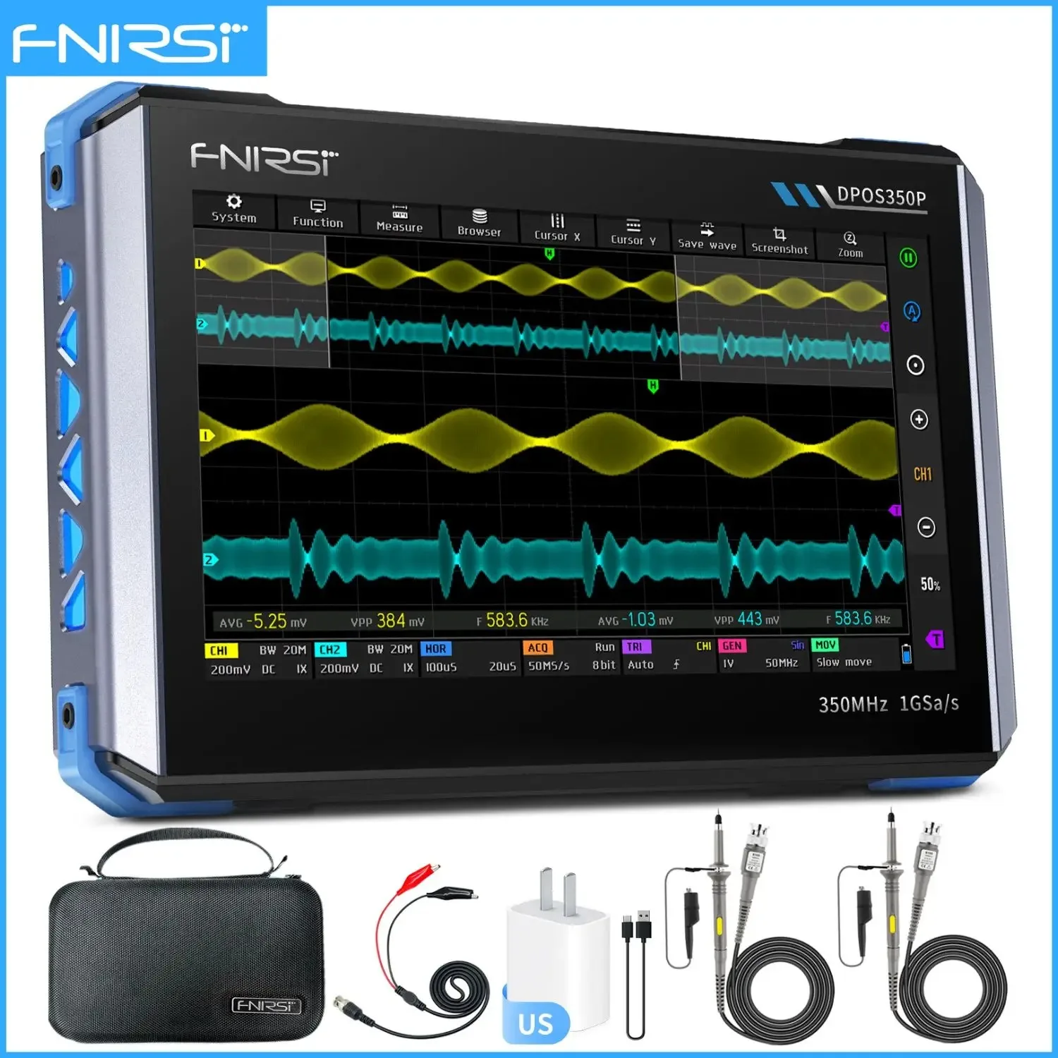 FNIRSI DPOS350P Tablet Oscilloscope 350MHz Dual Channel with Spectrum Analyzer, Frequency Response Tester, 50M Signal Generator