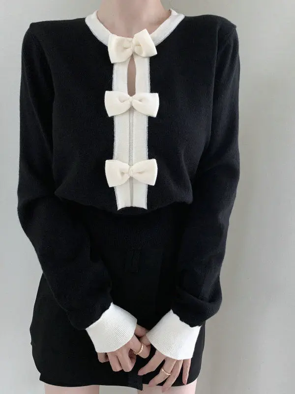 

Ele Knitted Long Sve round Ne Sweater Knot Color Blo Simple Sle Autumn Winter Women's Faion Top