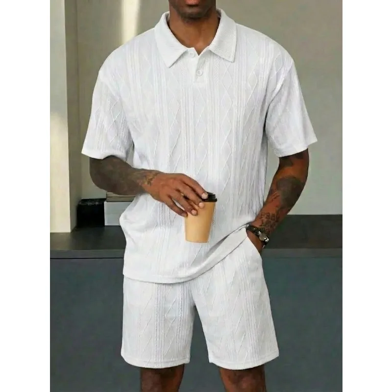

Men's 2 Piece Textured Knit Polo Shirt and Shorts Set Casual Short Sleeve Outfit with Multiple Color Options