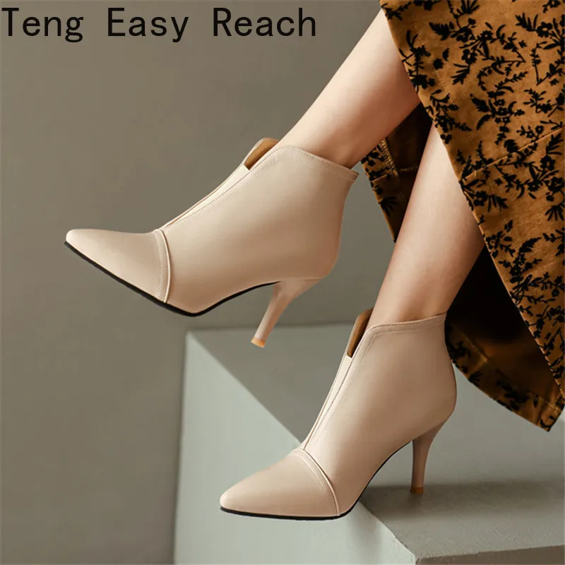 

New Arrival Fashion Women Boots Ankle Boots Pointed Toe Thin High Heels Boots Sexy V-mouth Party Work Shoes beige black Autumn