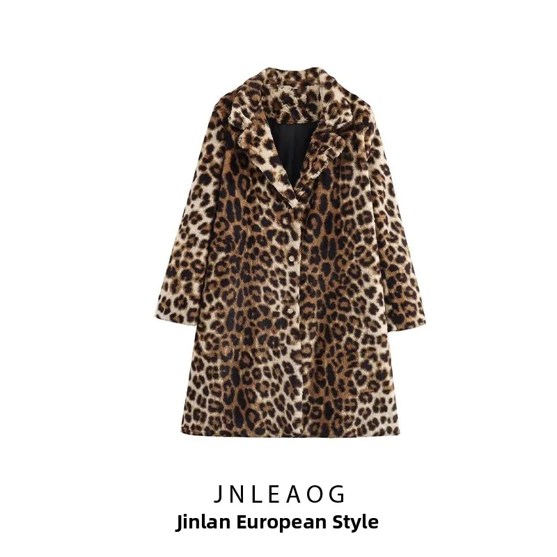 

JNLEAOG Autumn New Women's Faion Design Long V-ne Leopard Print Outerwear Versatile Polyester Stand Fit Ladies Coat