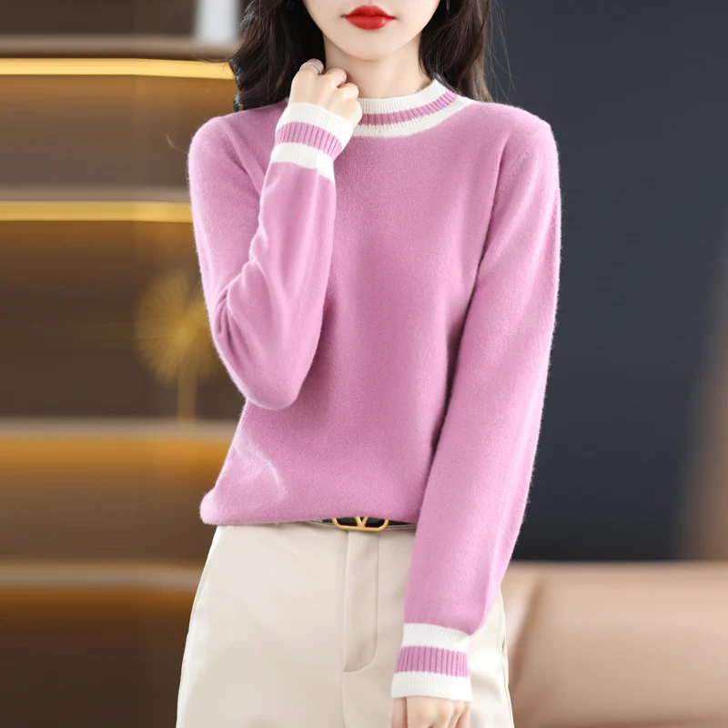 Autumn and winter% sweater ladies new round neck color matching long sleeve fashion classic knitted pullover