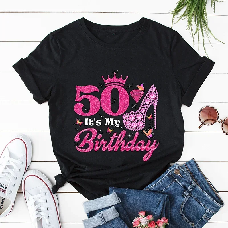 50 é meu aniversário impressão camiseta feminina confortável macio topos criatividade moda feminina roupas 50th aniversário senhoras tshirts