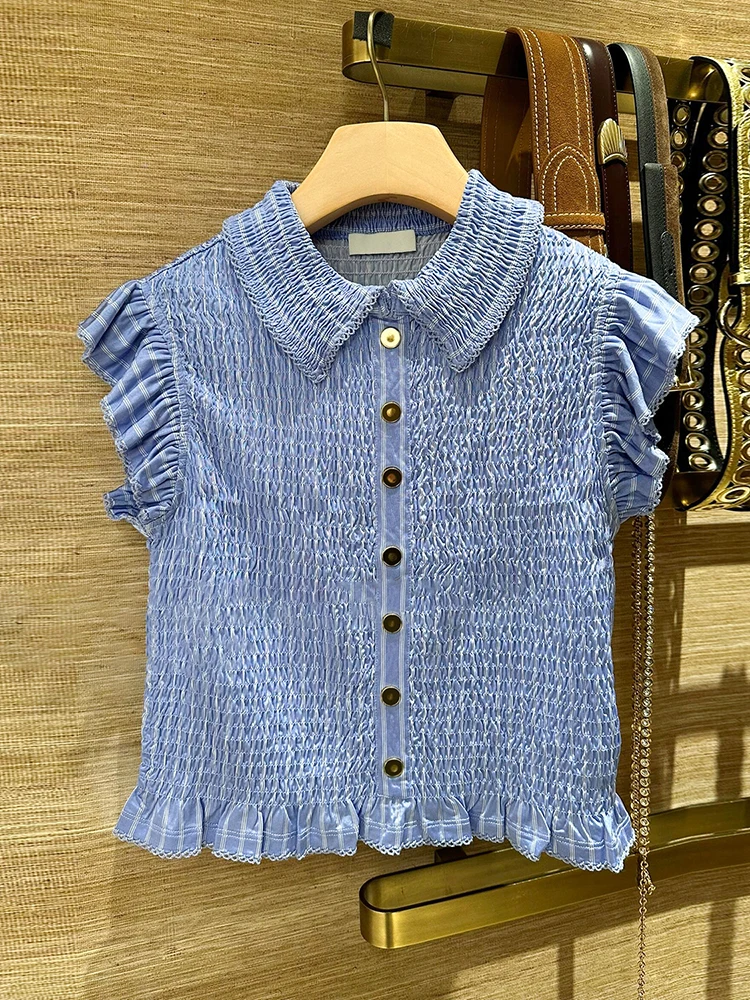 

Ele Women's irt Gentle Breeze Sle Floral Lace Trim ort Sve Button up Top for Busin Commute Straight Cut Polye...