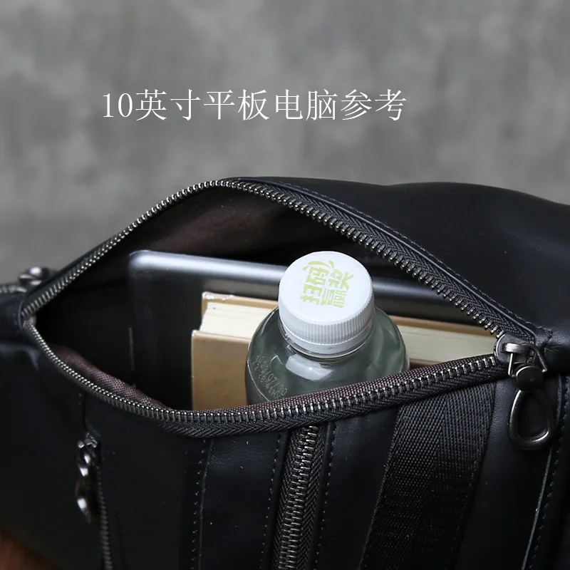 Bolso de pecho de gran capacidad de piel de vaca con capa de cabeza, bandolera de cuero genuino multifuncional, mochila de viaje informal para hombre