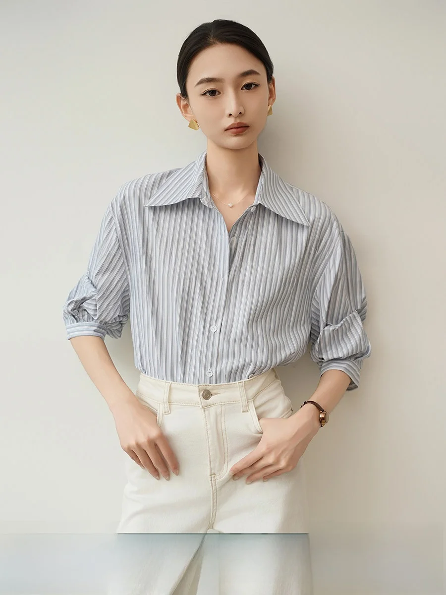 

ACHU Ele Refreing Blue Striped ort Sve Женская рубашка с коротким рукавом, летняя, свободного кроя, для работы, удобная, деловая, повседневная, топ