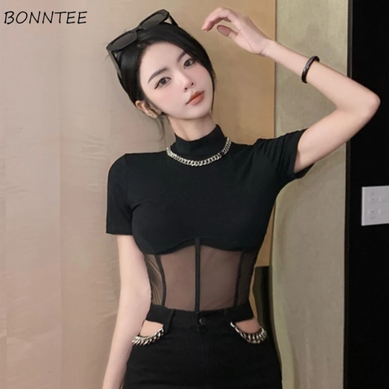 Mesh Patchwork T-shirts Women Streetwear Casual All-match Slim Fit Sexy Spicy Girls See-through Popular Summer Temperament Tops