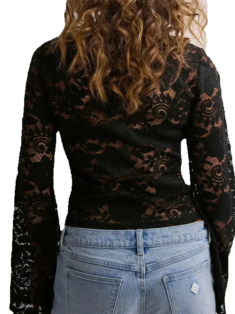 Womens Sheer Tops Floral Lace Bow Scoop Neck Long Sleeve Casual Cover Ups Crop Shirt Sexy Retro Cover Ups Cropped Blouses