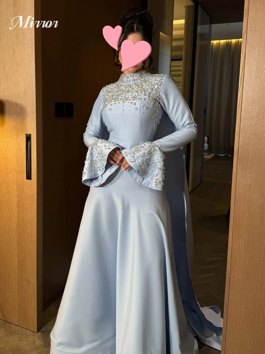 Robe de soirée en satin avec miroir, cape de sirène, élégante, vintage, douce, perles bleu ciel, occasion formelle personnalisée, robe de Rh, quoi que ce soit