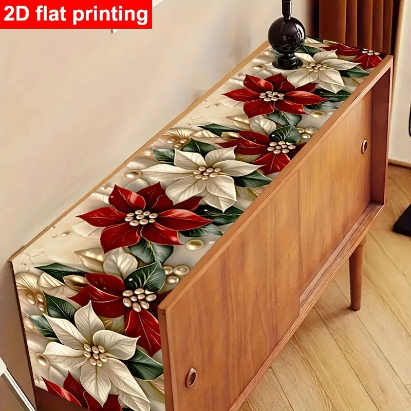 Red Christmas Floral Table Runner - High-Quality Holiday Decoration, Suitable for Dining Tables, Kitchens, Outdoor Parties