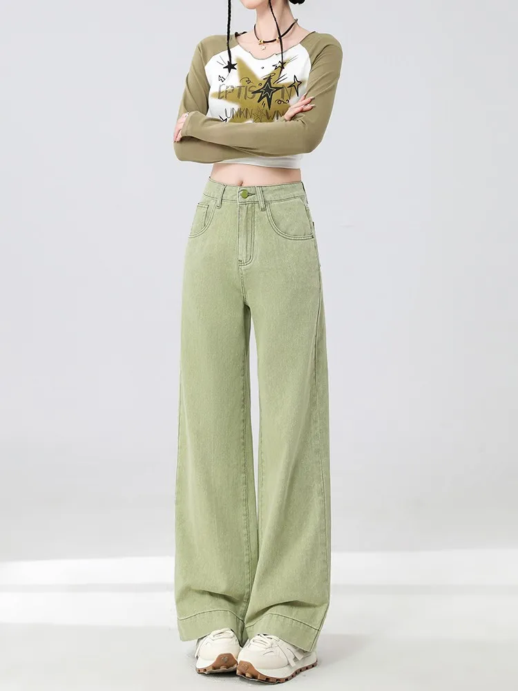 

ZHISILAO New Solid Green Wide Leg Jeans Women Vintage High Waist Straight Denim Pants Streetwear Spring Summer 2024