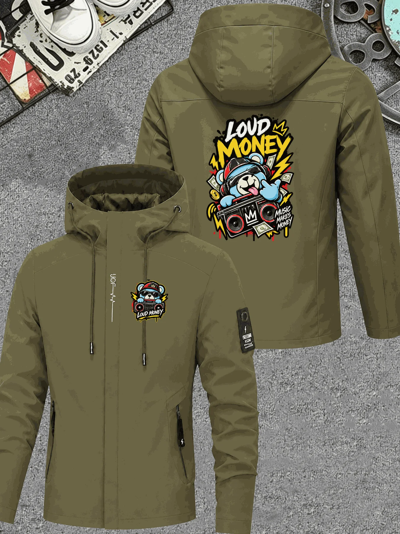 Men Hooded Jacket Rock Music Graphic Print Zip Up Windbreaker Casual Streetwear Autumn Coat