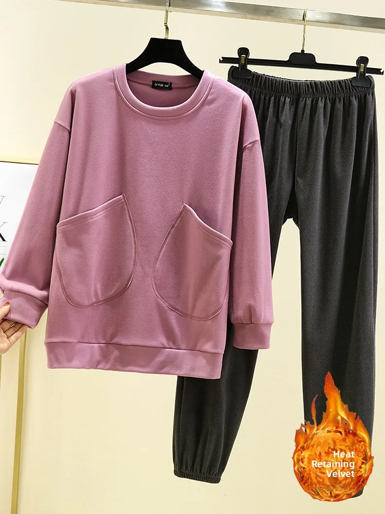 Ladies Thermal Fleece Pajamas Loose Fit Casual Winter Sleepwear Wide Leg Pants Comfortable Home Clothes Outerwear Size plus