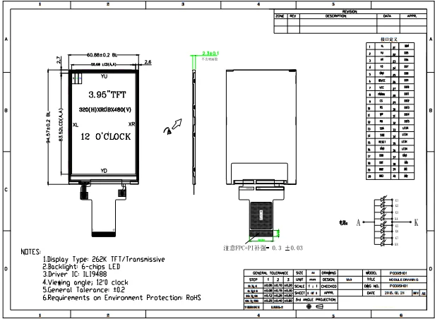 Tela de exibição TFT de 3,95 polegadas 40Pin SPI porta serial ILI9488 tela de driver 320*480LCD monitor