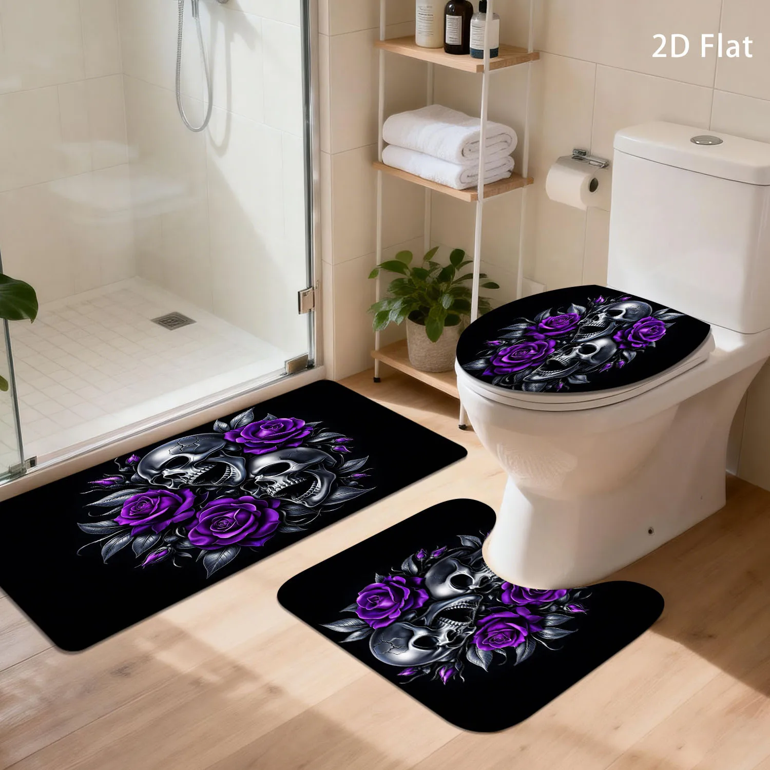 

Gothic Skull Purple Rose Bathroom Rugs Set 3pcs Non Slip Soft Floor Mats for Toilet Sink Bath Home Decor
