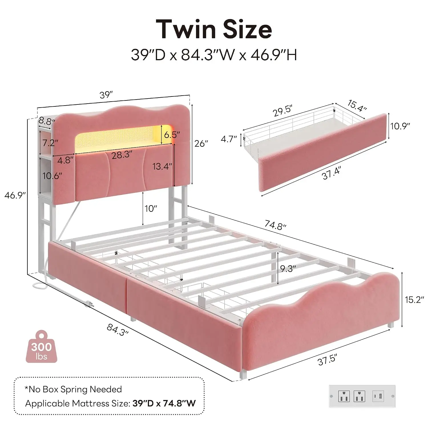 Twin Upholstered LED Bed with Storage Drawers & Bookcase Headboard, Velvet Platform Frame with Charging Station Customized